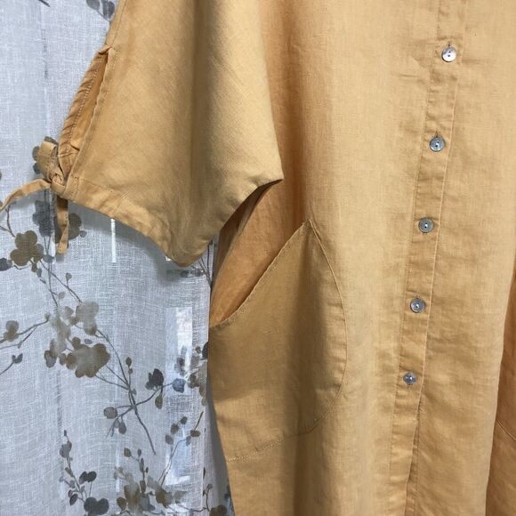 Sigrid Olsen Tunic Top Women M Yellow 100% Linen Button Tie Sleeve Pockets Boho - Picture 2 of 11